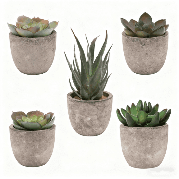 WVARK 5 Inch Artificial Succulent Plants - 5 Pack in Beige Modern ABS Pots, Stylish Faux Succulents for Home, Office, Shelf Decor