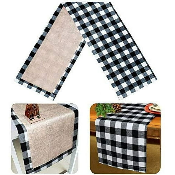 WVARK Christmas Table Runner Burlap & Cotton Black White Plaid Reversible Buffalo Check Table Runner for Christmas Holiday Birthday Party Table Home Decoration (White and Black, 14 x 72 Inch)