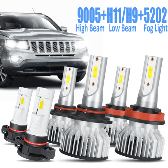 WVKVII 6x 6000K LED Headlights Fog Light Bulbs for Jeep Compass 2011 - 2013