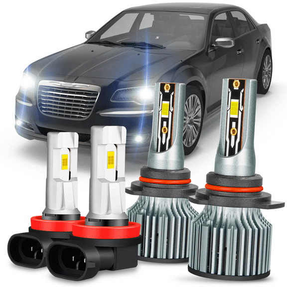 WVKVII Fit For Chrysler 300 2011 2012 2013 2014 High Performance LED Headlight Bulbs 9012 High Low Beam+H11 Fog Light Bulbs, Super Bright White Front Light Car Replacement Bulb Combo, 4PCS