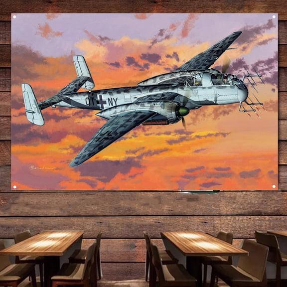 WW II He 219A-5 R4 German Bomber Fighter Plane Poster Canvas Print Art Banner - 38" x 57" Attack Aircraft Military Art Works For Air Force Fans - Aviation Hanging Flag Room Man Cave Garage Decor