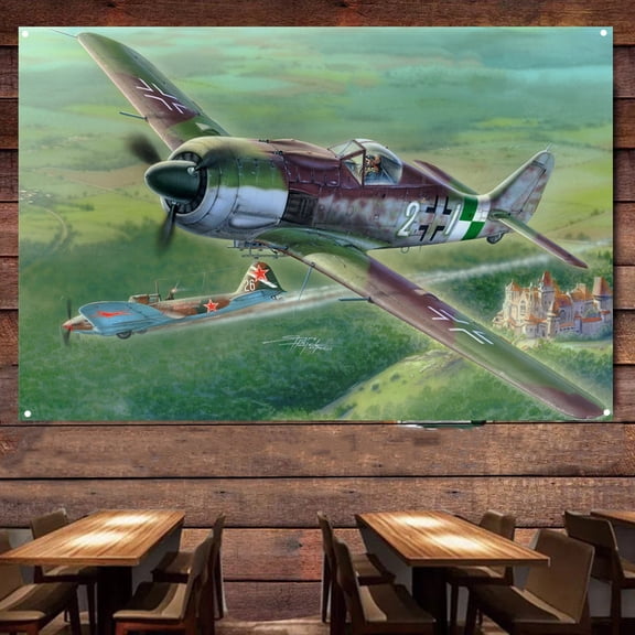 WW II Germany Wulf Fw 190A-9 Fighter Jet Poster and Canvas Print Art Banner - 38" x 57" Aviation Military Artwork Hanging Flags For Room Dormitory Office - Attack Aircraft Wall Art Tapestry