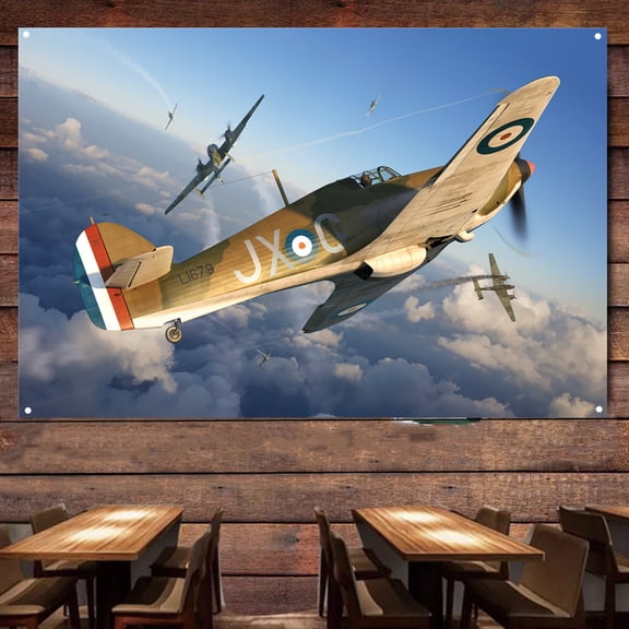 WW II Hurricane Mk.I Fighter Jet Posters & Prints Wall Art Flag - 38" x 57" Attack aircraft Military Artwork Wall Decor Tapestry Canvas Banner With 4 Metal Ring Buckles Ready to Hang