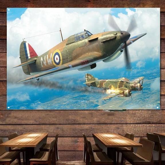 WW II Hurricane Mk.I Fighter Plane Poster Canvas Print Art Banner - 38" x 57" Attack Aircraft Military Art Works For Air Force Fans - Aviation Hanging Flag Room Man Cave Garage Decor