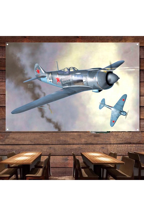 WW II La-5F Plane Fighter Jet Poster Home Decor Banners & Flags, 38" x 57" Aviation Air Force Military Art Pictures Wall Painting Tapestry For Army Fans Room Decoration
