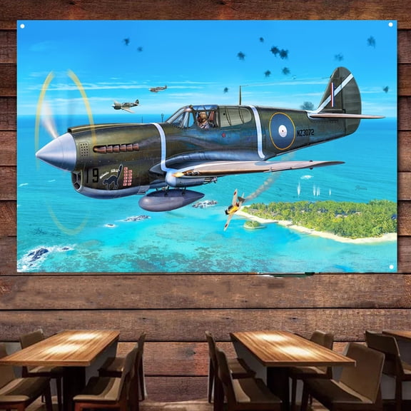 WW II Mk.III Fighter Picture Wall Flag, Wall Art Wall Decor Tapestry 38" x 57" Military Fighter Jet Poster Canvas Banner Artwork With 4 Metal Ring Buckles Ready to Hang