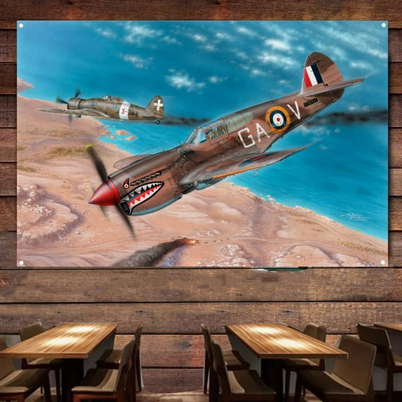 WW II P-40 Warhawk Fighter Banner Wall Chart - Military Aviation Poster Wall Hanging Flag For Wall Decor - Attack Aircraft Canvas Print Art Work - Fighter Jet Wall Art Decor 38" x 57"