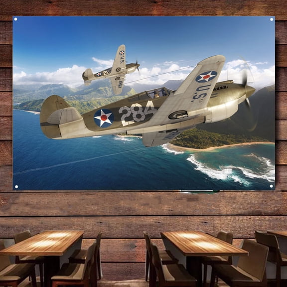 WW II P-40B Warhawk Fighter Poster Wall Flag - Air Force Attack Aircraft Canvas Print Painting - Military Aviation Wall Art Decor Banner - Best Gift For Army Fans 38" x 57"