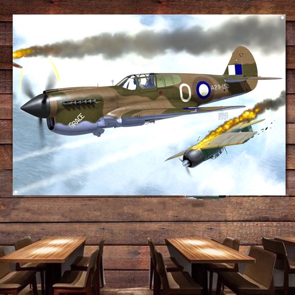WW II US Kittyhawk Mk.IA Fighter Poster Tapestry - Decorate Your Room Wall With This Aviation Air Force Military Art Banner - Wall Art Flag Canvas Painting For Wall Decoration 38" x 57"