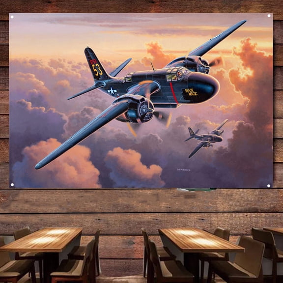 WW II US P-70 Nighthawk Fighter Jet Banner Wall Art - Aviation Military Artwork with Attack Aircraft Poster Wall Charts - Print Art Flag Tapestry For Room Bar Garage Man Cave Decor 38" x 57"
