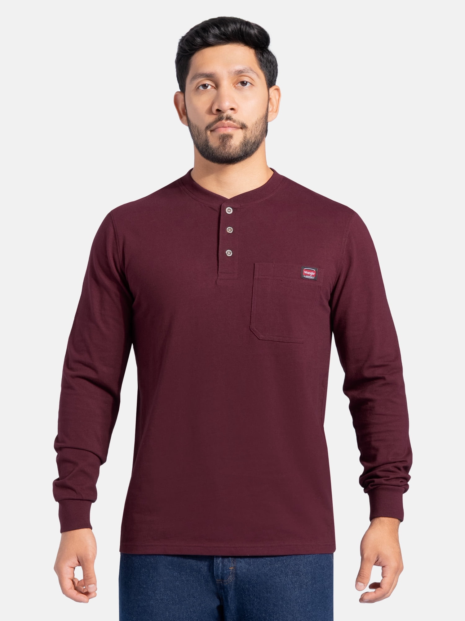 Wrangler Workwear Men's Heavyweight Long Sleeve Henley Pen Pocket Shirt, Size S-3XL