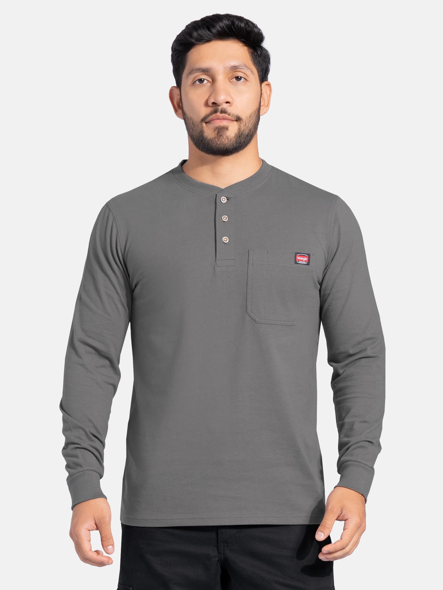 Wrangler Workwear Men's Heavyweight Long Sleeve Henley Pen Pocket Shirt, Size S-3XL