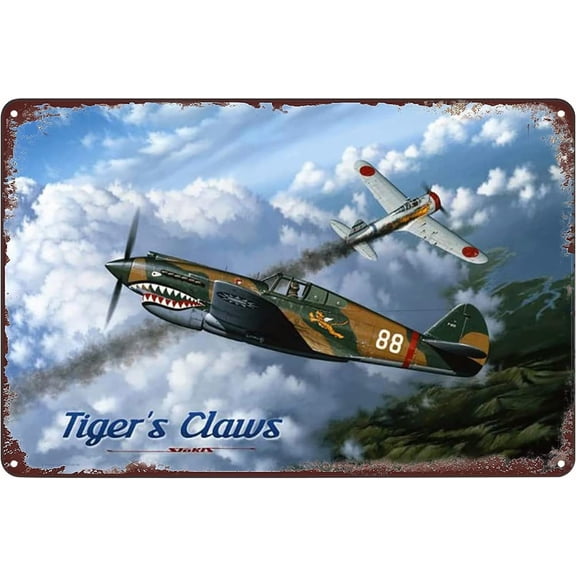 WW2 Airplane Metal Tin Sign Wall Art Decor Plaque, P-40 Fighter Design, for Home Bar Pub Cafe Garage, 8x12 Inch