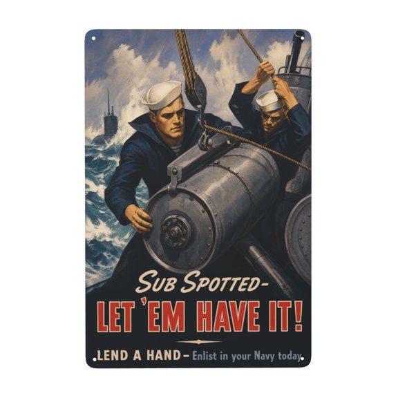 WW2 American Propaganda Submarine Spotted Metal Tin Sign For War Poster Collection 8x12 Inch