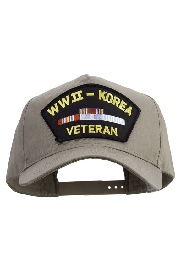 WW2-Korea Veteran Patched Big Size Solid Cotton Twill 5 Panel Prostyle Snap Cap - Khaki XL-3XL