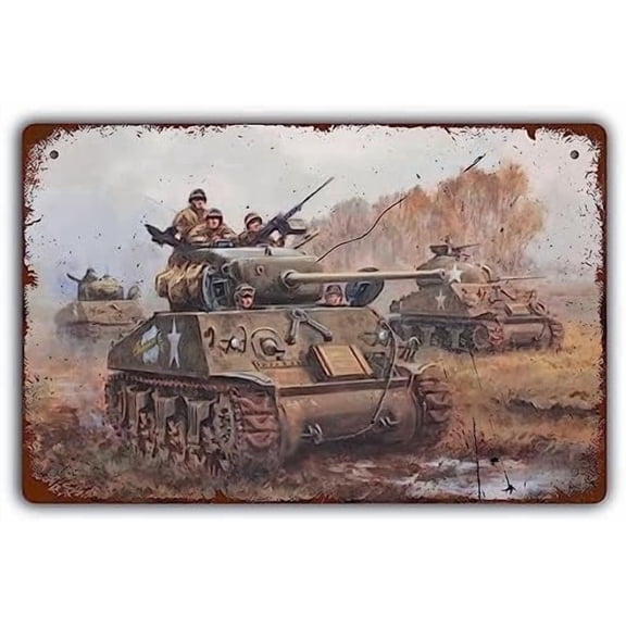 WW2 Military Army Tanks Tin Signs,Worlds War Tank Vintage Metal Signs For Men,Tank On Mud Ground Retro Posters Wall Decor For Bars,Restaurants,Cafes Pubs,12x8 Inch