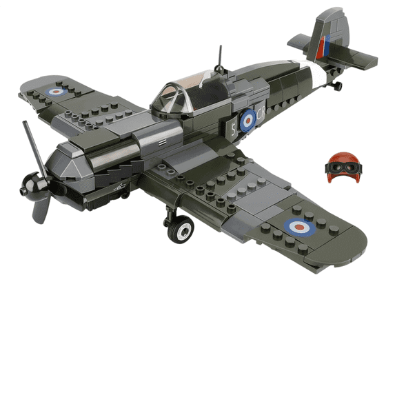 WW2 Spitfire Fighter Military Plane Building Set - with Sliding Features, Compatible with Lego-technic Plane, Rotating Propellers, and an Open Cockpit Door