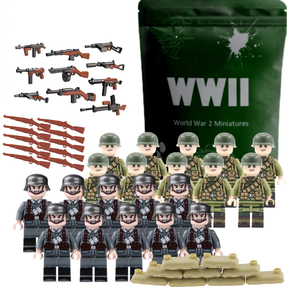 WW2 Toy Soldier Figures American vs German Army Battle Playset (50 pcs) -  World War 2 Building Block Toy Military Set US and German Armies, Weapons,  Sand Bags 
