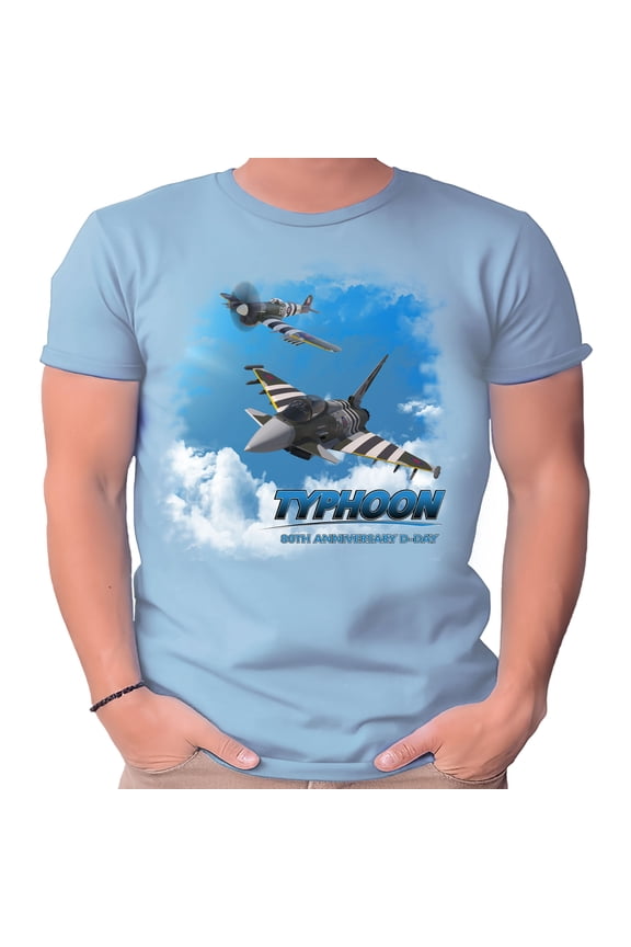 WW2 Typhoon and Eurofighter In The Clouds Light Blue Adult Shirt-Small