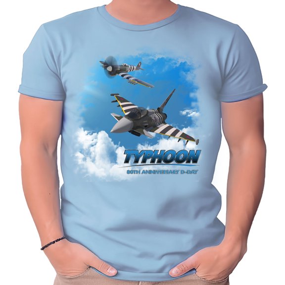 WW2 Typhoon and Eurofighter In The Clouds Light Blue Adult Shirt-XXL