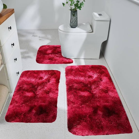 WWC 3‑Piece Bathroom Rug Set, Soft Tie‑Dye Shaggy Plush Bath Mat, Non‑Slip Absorbent U-Shape Toilet Mat & Runner Rug for Bathroom and Shower Room