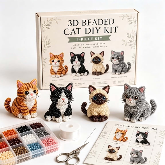 WWC 3D Beaded DIY Cat Kit, 4 pcs Christmas Ornament Bead Art Craft Set, Handmade Christmas Decorations for Christmas Tree and Party Decor