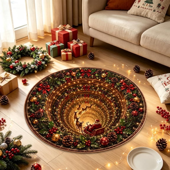 WWC Christmas 3D Optical Illusion Round Area Rug, Vortex Floor Mat with Xmas Pattern, Christmas Decor Door Mat for Party and Entryway, 24 inch