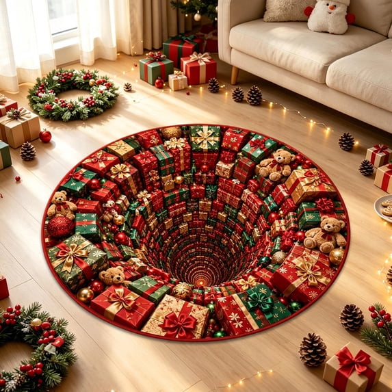 WWC Christmas 3D Optical Illusion Round Area Rug, Vortex Floor Mat with Xmas Pattern, Christmas Decor Door Mat for Party and Entryway, 24 inch
