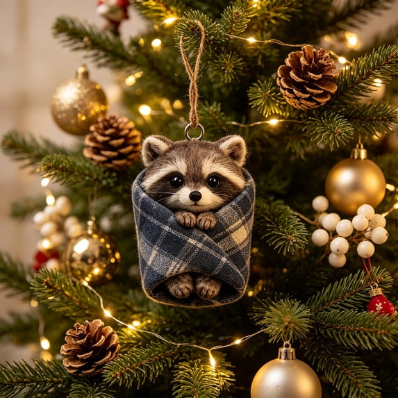 WWC Christmas Animal Ornaments, 3D Acrylic Raccoon with Plaid Blanket Hanging Pendant, Cute Christmas Tree Decorations for Party and Gift