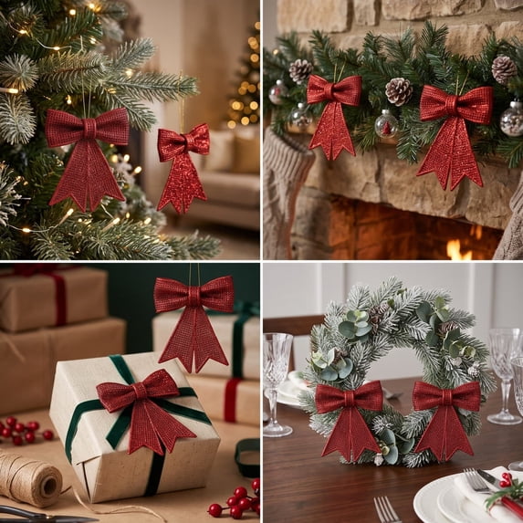 WWC Christmas Bows, Set of 2 Shimmer Foam Bow Ornaments with Hanging Rope, Christmas Decor for Christmas Tree Wall Door and Gift Wrapping, Red