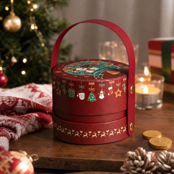 WWC Christmas Decorations Gift Box, Round Double Layer Present Box, Xmas Eve Surprise Gift Box for Holiday Party Favor and Gift Packaging