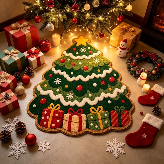 WWC Christmas Floor Mat, Xmas Tree-Shaped Soft Plush Tufted Rug, Christmas Decorations Indoor Door Mat for Front Door Holiday Party Entryway, 24"