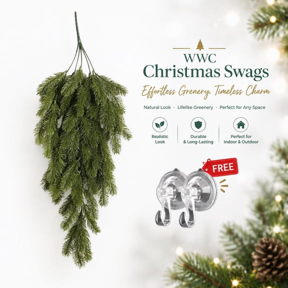 WWC Christmas Teardrop Swag, Artificial Pine Needle Greenery for Holiday Party, Hanging Christmas Decorations Wreath for Front Door Wall Mantel
