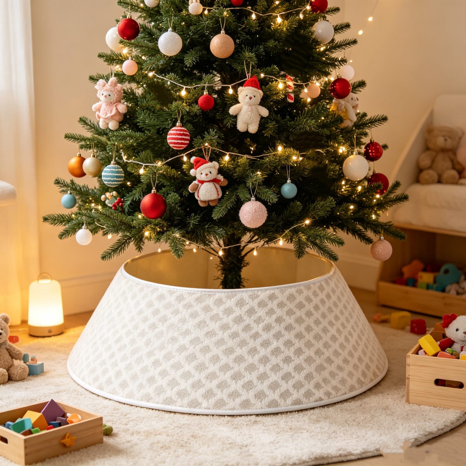 WWC Christmas Tree Collar, Silver White Diamond Plaid Wrap-Around Tree ...
