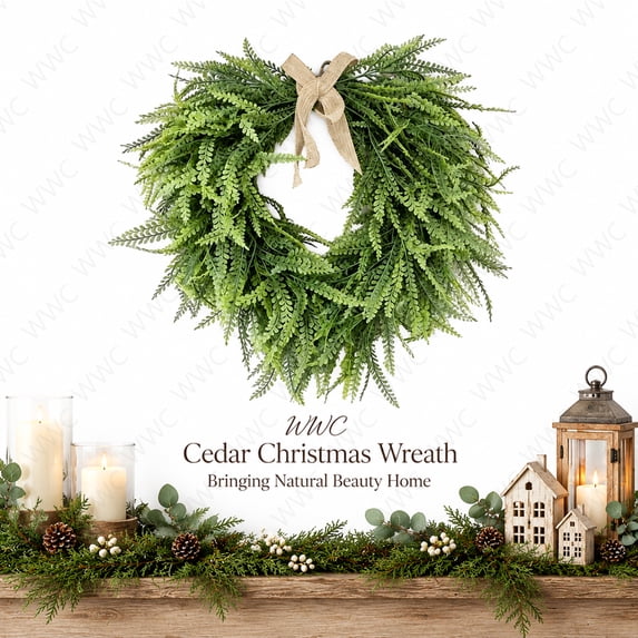 WWC Christmas Wreath, Artificial Fern Heart-Shaped Holiday Wreath with Burlap Bow, Rustic Christmas Decorations Winter Wreath for Front Door Mantel
