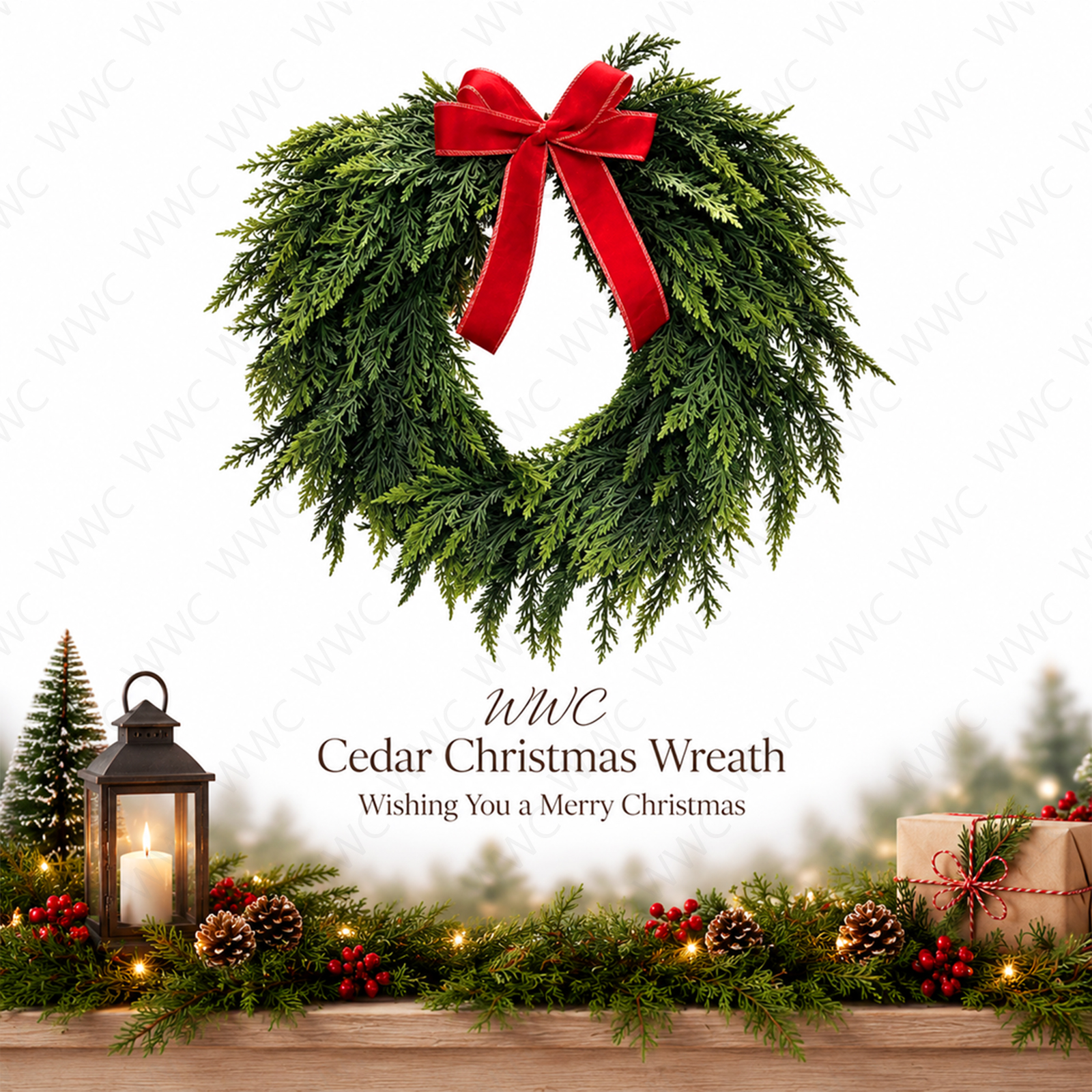 WWC Christmas Wreath, Artificial Pine Cedar Heart-Shaped Holiday Wreath with Bow, Rustic Christmas Decorations Winter Wreath for Front Door Mantel