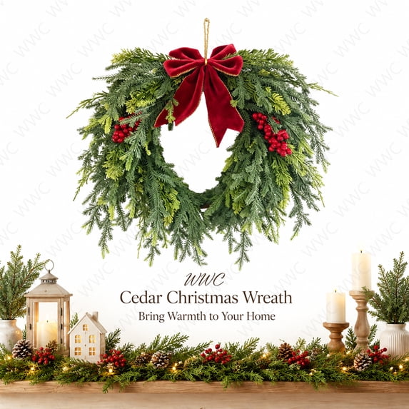WWC Christmas Wreath, Heart-Shape Artificial Pine Cedar Wreath with Bow Pinecones, Rustic Christmas Decorations Winter Wreath for Front Door Mantel
