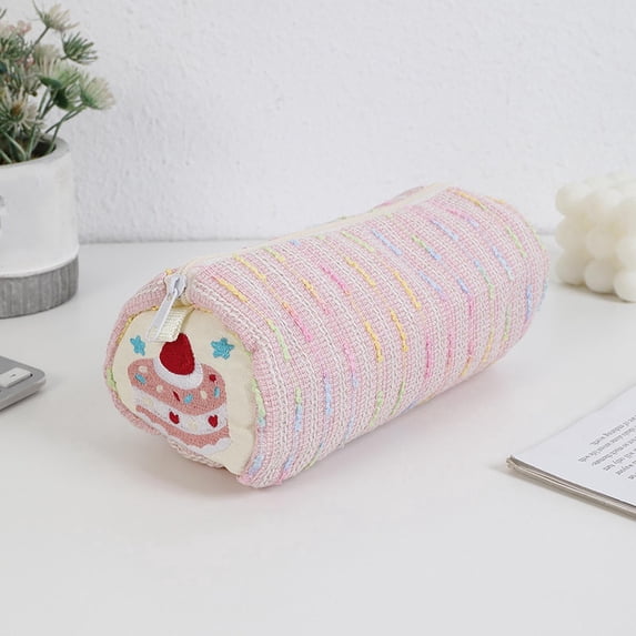 WWC Cute Barrel Pencil Case, Large Capacity Embroidered Strawberry Cake Pencil Pouch, Textured Pencil Box Back to School Supplies for Kids