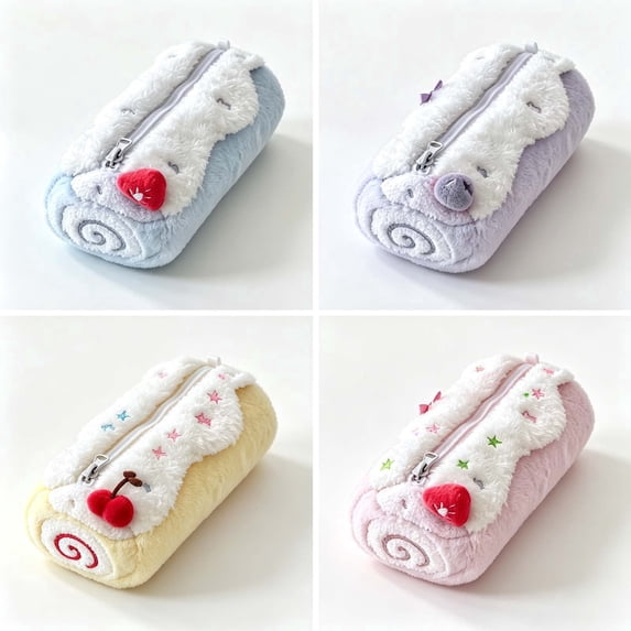 WWC Cute Barrel Pencil Case, Large Capacity Plush Crepe Roll Cake Pencil Pouch, Soft Fluffy Pencil Box Back to School Supplies for Kids
