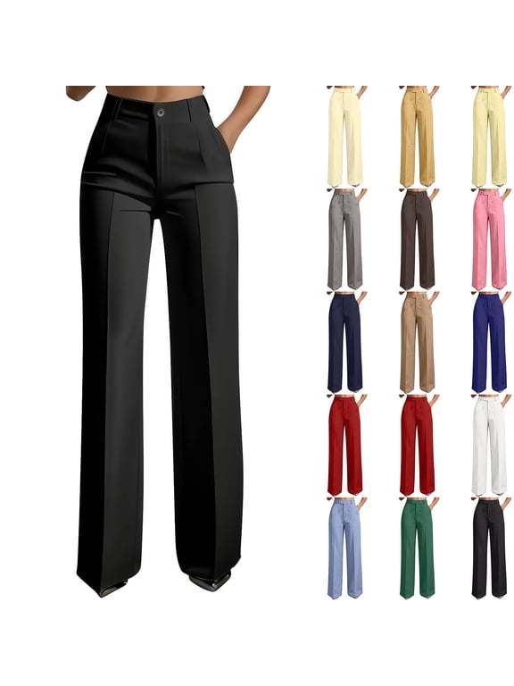 Dress Pants Women, High Waisted Wide Leg Pants Woman with Pockets, Women's Suit Pants Palazzo for Work Office, Black S-3XL