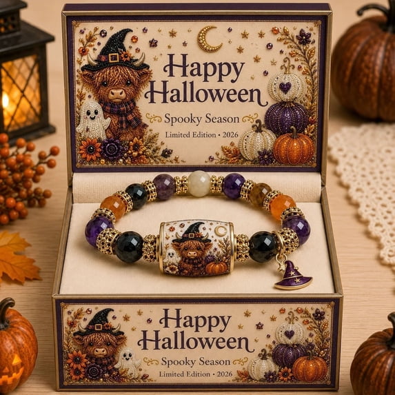WWC Halloween Bracelet, Stretch Beaded Highland Cow Jewelry with Gift Box, Halloween Decorations Accessories for Party