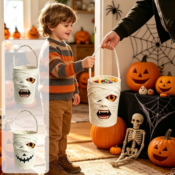 WWC Halloween Candy Bucket, Mummy Fabric Candy Bag with Handles, Lightweight Halloween Decor Trick-or-Treat Bag for Kids Party Favor Supplies