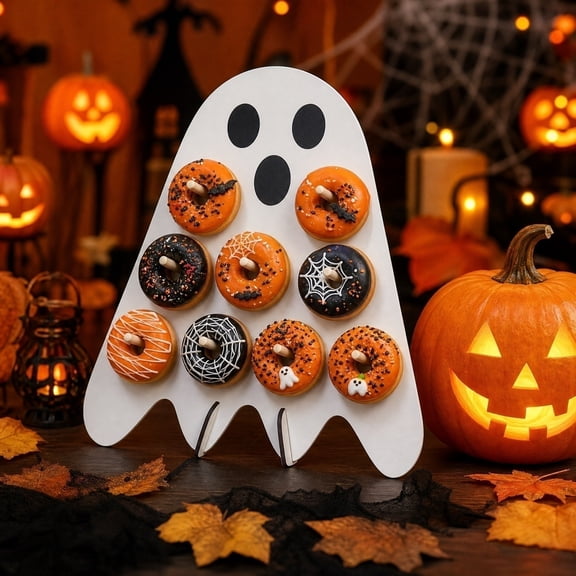 WWC Halloween Donut Stand, Reusable Wooden Ghost Donut Display Wall Fits 9 Donuts, Halloween Decor Donut Holder for Indoor Dessert Party