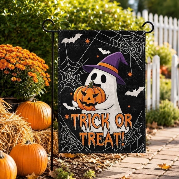 WWC Halloween Garden Flag, 12x18 inch Double Sided Pumpkin Ghost Yard Flag, Halloween Decor for Fall Outdoor Porch Patio Garden