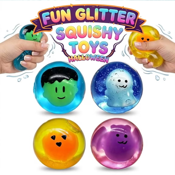 WWC Halloween Stress Balls, Soft Glitter TPR Squeeze Toys, Cute Halloween Decor Fidget Squeeze Toys for Kids, Teen Boys Girls Halloween Party Favor