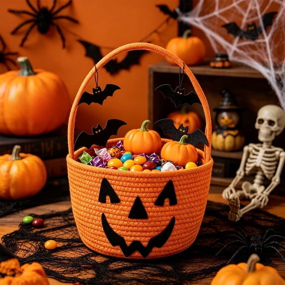WWC Halloween Treat Bag, Lightweight Fabric Pumpkin Trick-or-Treat Bucket Bag with Handles, Halloween Decor Candy Basket for Kids Party Favors