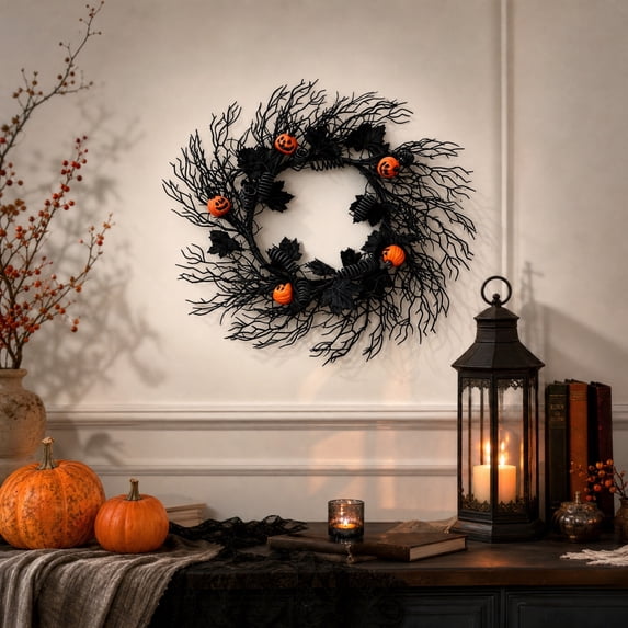 WWC Halloween Wreath, 24 inch Pumpkin and Black Bare Branch Wreath, Gothic Halloween Decor Twig Wreath for Front Door Party Porch and Mantel