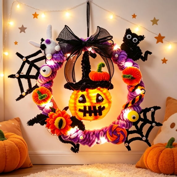 WWC Halloween Wreath, Orange LED Pumpkin and Witch Wreath, Gothic Halloween Decorations Wreath for Front Door, Indoor Outdoor Party Decor