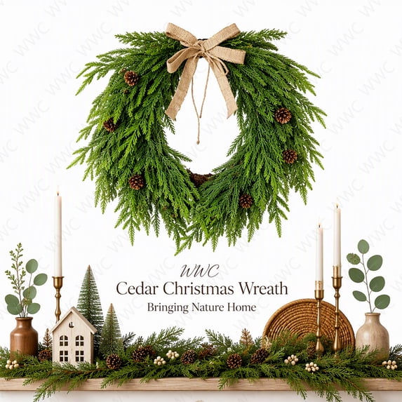 WWC Heart-Shape Christmas Wreath, Artificial Pine Cedar Wreath with Bow Pinecones, Rustic Christmas Decorations Winter Wreath for Front Door Mantel