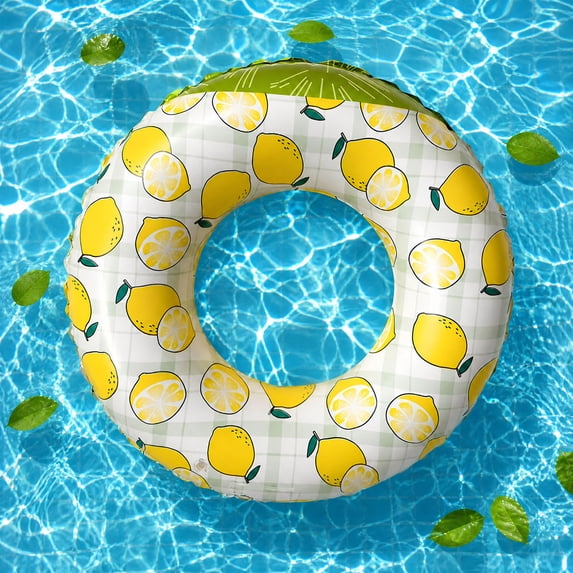 WWC Lemon Pool Float, Inflatable Fruit Swim Ring with Handles, Extra-Thick PVC Floatie for Adults and Kids, Summer Water Party Decor